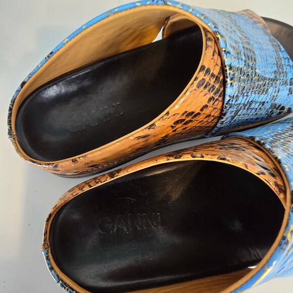 Ganni Snake Effect Crossover Sandals Multi Color Brown Blue Slide Size 37 US 7 - Picture 7 of 10